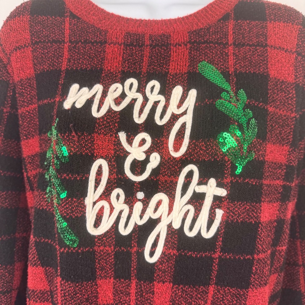 Holiday Time Sweater Women M Red Black Long Sleeve Plaid Merry Bright Christmas - Picture 3 of 10